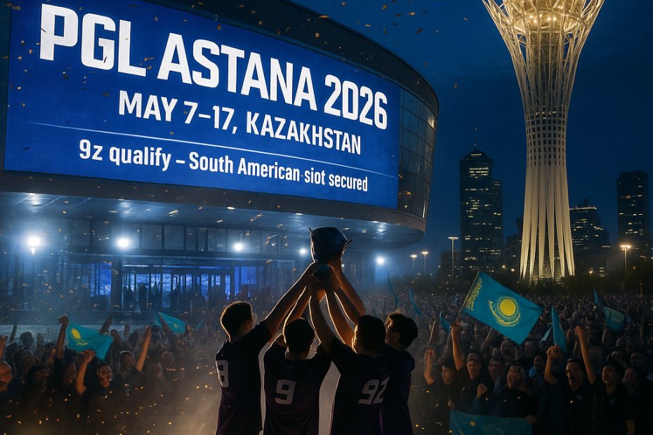 Nighttime photorealistic scene in Astana with Baiterek Tower, an esports arena showing PGL Astana