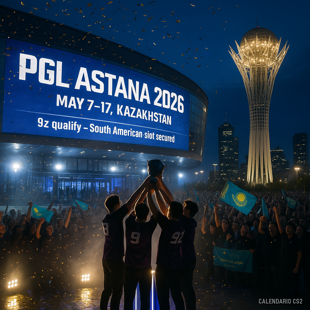 Nighttime photorealistic scene in Astana with Baiterek Tower, an esports arena showing PGL Astana